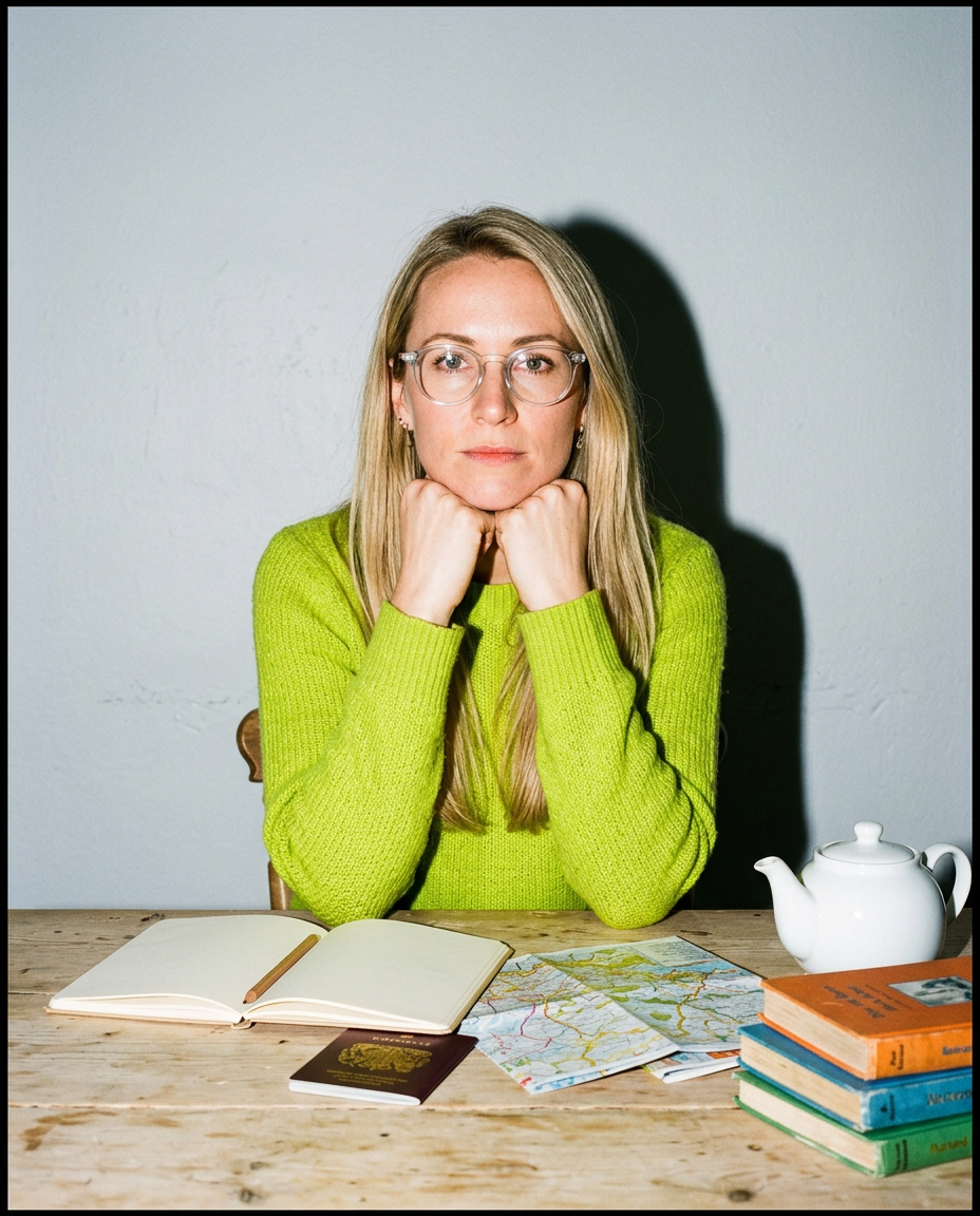 Une femme aux lunettes rondes, pull vert, le menton sur les poings, devant un carnet ouvert, un passeport et des cartes