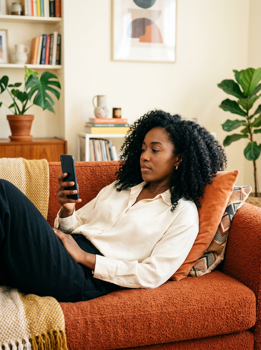 Une femme allongée sur un canapé terracotta regarde son téléphone
