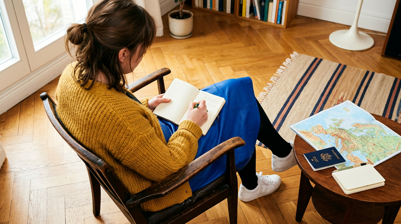 Une jeune femme assise dans un fauteuil écrit dans un carnet, une carte d’Europe et un passeport posés sur la table à côté